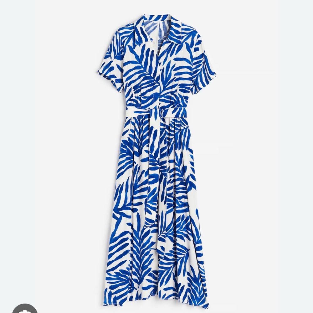 H&M Blue and White Leaf Maxi Vacation Cruise Beach Dress